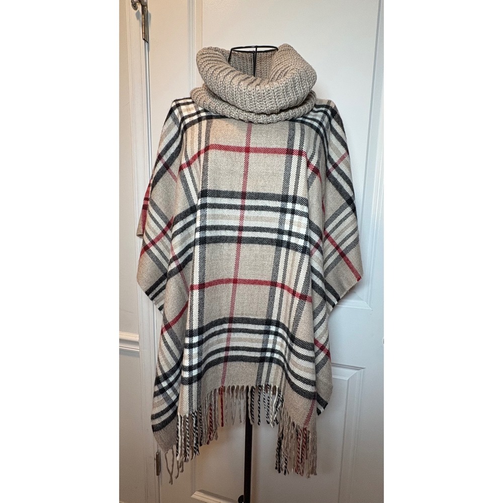 V. Fraas NWT Plaid Poncho Wrap Tan Black Red Cowl Neck Fringe Trim - One Size